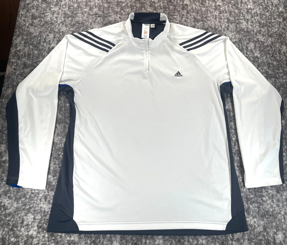 Vintage Adidas Clima Cool Mens 2XL Quarter Zip Running Shirt White Blue